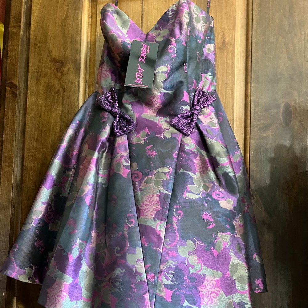 Betsey Johnson Plum Purple Olive Green Floral Sequin Bow Dress